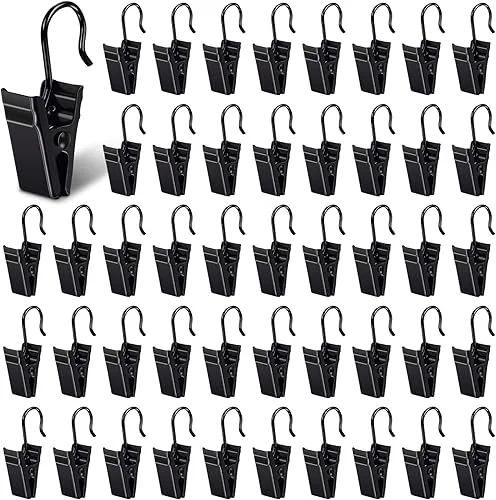 Curtain Clips with Hook, 100 Pack Small Metal Hangers for Outdoor Camp Tent Decor Vendor Booth Display Awning Light Party Art Photos Tablecloth, Black