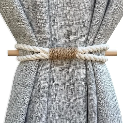 Curtain Tiebacks Rustic Holdbacks for Drapes, Farmhouse Tie Backs for Curtains, Cotton Jute Rope with Wood Club, Natural Boho Decor Shabby Chic Drapery Holder, Pack-2