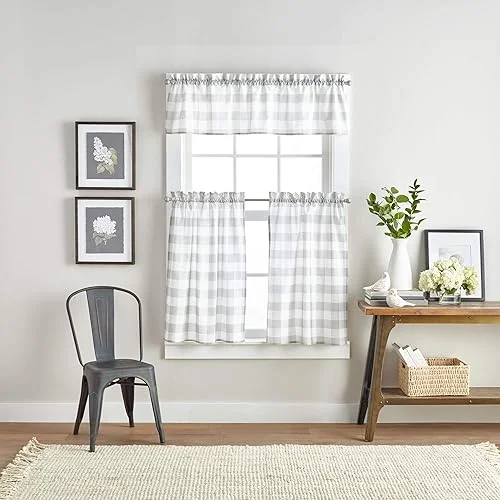 Curtainworks Country Modern Rustic Farmhouse Buffalo Check Kitchen Curtains Window Cafe, 36′ Tier & Valance Set – 3 Pc, Grey