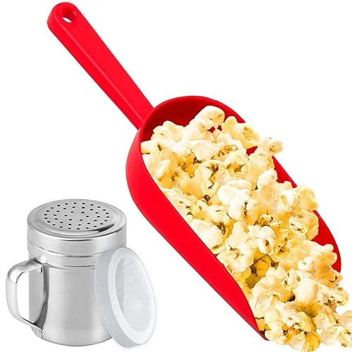 CUSINIUM Red Popcorn Plastic Scoop with Popcorn Salt Shaker (Handle, Plastic Cap) – Popcorn Concession Supplies Bundle