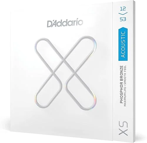 D'Addario Guitar Strings – XS Phosphor Bronze Coated Acoustic Guitar Strings – XSAPB1253 – Maximum Life with Smooth Feel & Exceptional Tone – For 6 String Guitars – 12-53 Light