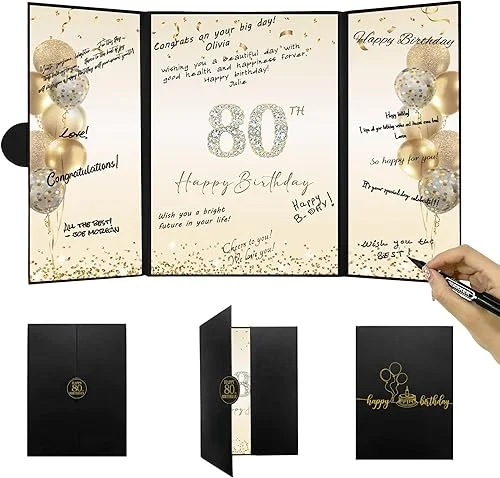 DARUNAXY Black Gold 80th Birthday Party Decorations, Happy 80th Birthday Alternative Signature Guest Book for Men Women Cheers to 80 Years Old Gifts 80 Birthday Signing Card Board Party Supplies