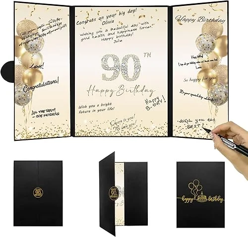 DARUNAXY Black Gold 90th Birthday Party Decorations, Happy 90th Birthday Alternative Signature Guest Book for Men Women Cheers to 90 Years Old Gifts 90 Birthday Signing Card Board Party Supplies