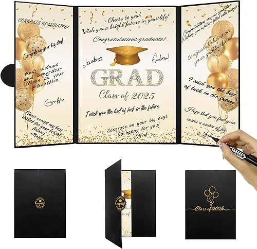 DARUNAXY Black Gold Graduation Party Decorations, Class of 2025 Congratulations Graduates Alternative Signature Guest Book for Men Women Happy Graduation Gifts Congrats Grad Party Signing Card Board
