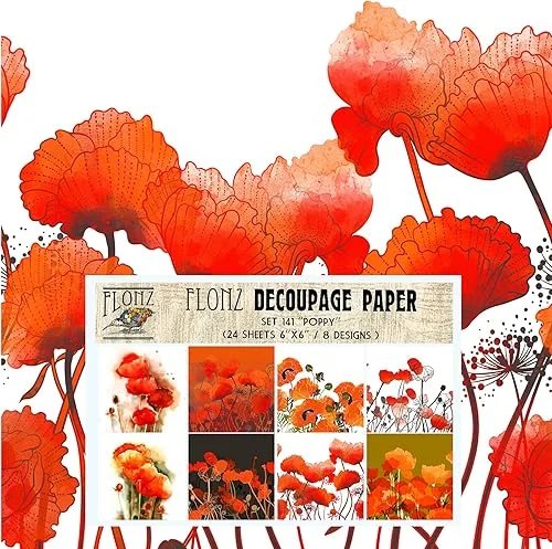 Decoupage Paper Pack (24 Sheets 6’x6′) Poppy Flowers FLONZ Vintage Styled Seamless Pattern Paper for Decoupage, Craft and Scrapbooking Red Wildflowers