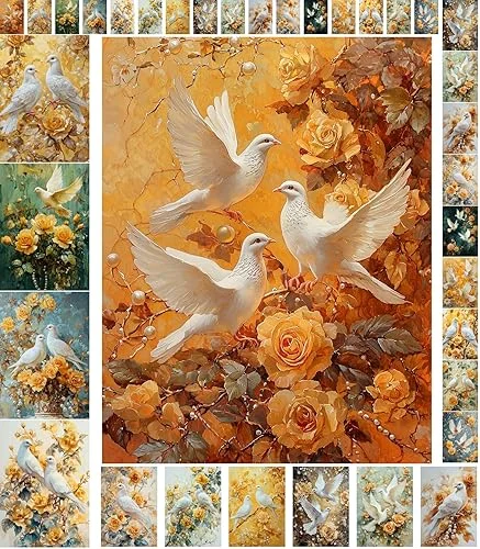 Decoupage Paper Pack (35 Sheets 6’x8′) Doves and Roses: Elegant White Doves paired with Vibrant Yellow Roses, Set Against Soft and Calming Pastel Backgrounds FLONZ Vintage