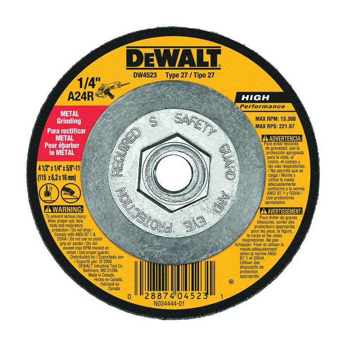 DeWALT DW4523 Grinding Wheel, 4-1/2 in Dia, 1/4 in Thick, 5/8-11 in Arbor, 24 Grit, Very Coarse