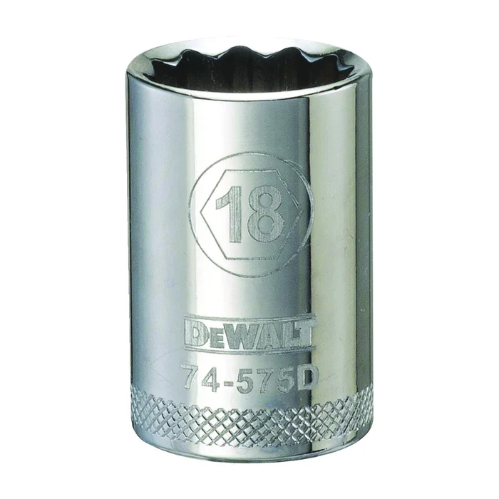 DeWALT DWMT74575OSP Drive Socket, 18 mm Socket, 1/2 in Drive, 12-Point, Steel, Polished Chrome Vanadium