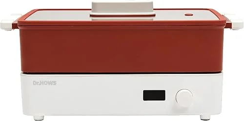 Dr.HOWS Doran Doran 3 in 1 Electric Skillet, Combo Multi Cooker, Rectangle Hot Pot Fryer Pan Griddle and Grill with Safe Nonstick Coating, Steady Heat, Glass Lid (red)