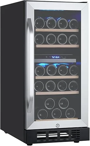Dual Zone Wine Fridge – 41℉-64℉, Compressor Wine Cooler, Digital LED Touch Control, Frost-Resistant Lockable Cabinet, 26 Bottles Freestanding/Built-In Wine Cellar