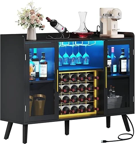 DWVO Wine Bar Cabinet with Led Lights & Power Outlets, 53′ Coffee Bar Cabinet for Liquor and Glasses, Modern Buffet Sideboard with Storage Cabinet for Kitchen, Dining & Living Room, Black