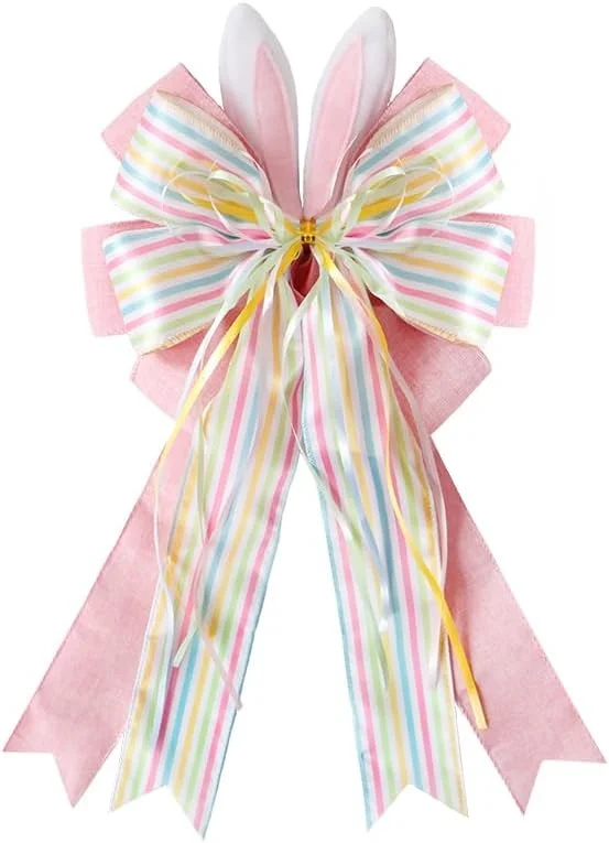 Easter Large Wreath Bow Burlap Wired Ribbbon Bow with Bunny Eggs Door Ornaments for Easter Day, Tree, Party Decorations (11×20 inch)