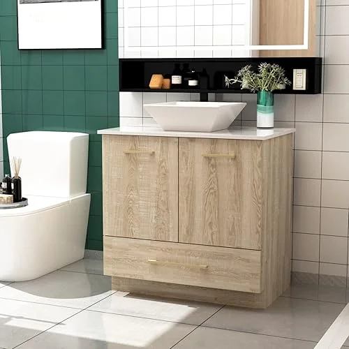 ECACAD Freestanding Bathroom Vanity with Sink Set, Bathroom Storage Cabinet with Drawer, 2 Doors and Large Storage Compartment, Light Brown (29.9”W x 18.8”D x 33.6”H)