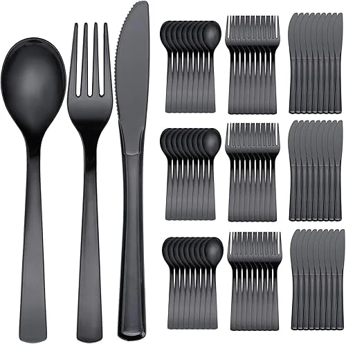 EI 360pcs Black Plastic Silverware,Disposable Plastic Cutlery,Plastic Silverware Heavy Duty,Plastic Spoons and Forks include 120pcs Plastic Forks,120pcs Plastic Spoons and 120pcs Knives,for Halloween