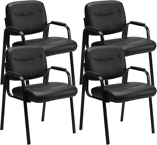 Elevon Waiting Room Chairs No Wheels Set of 4, Leather Stationary Office Reception Guest Chair with Padded Arms for Elderly Desk Conference Room Lobby Table Side Salon