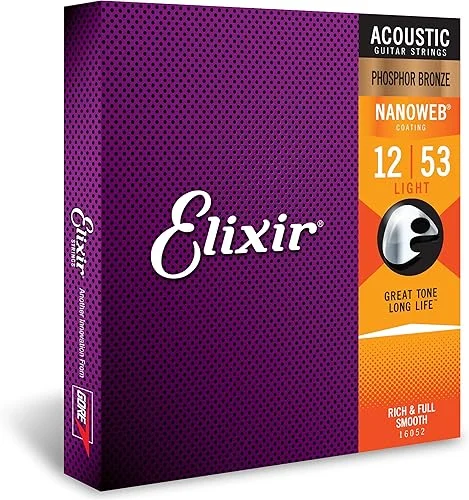 Elixir Strings, Acoustic Guitar Strings, Phosphor Bronze with NANOWEB Coating, Longest-Lasting Rich and Full Tone with Comfortable Feel, 6 String Set, Light 12-53