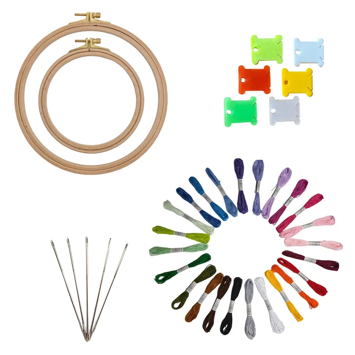 Embroidery Kit with 2 Beech Wood Hoops(13&19cm), 100% Cotton Embroidery Floss, Needles and Bobbins (24)