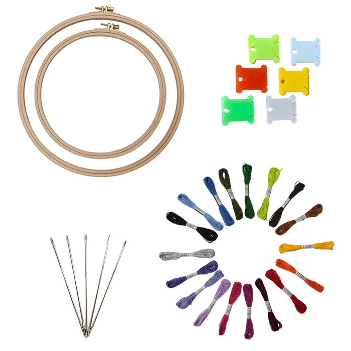 Embroidery Kit with 2 Beech Wood Hoops(19 and 25cm), 100% Cotton Embroidery Floss, Needles and Bobbins (18)