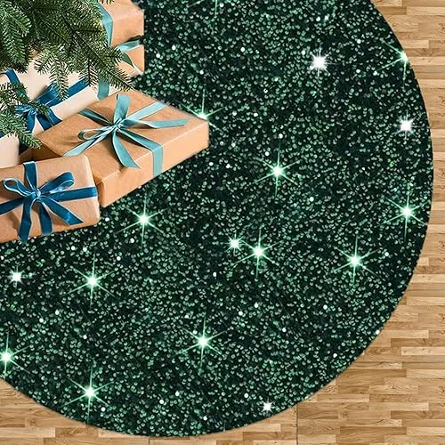 Emerald Green Christmas Tree Skirt Velvet Tree Skirt 21 Inch Small Sequin Tree Skirt Christmas Tree Mats Sparkle Skirt for Christmas Tree Dark Green Tree Skirt for Slim Christmas Tree Decorations