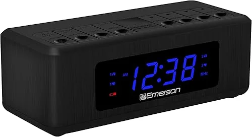 Emerson CK2023AM/FM Dual Alarm Clock Radio with 0.6′ Blue LED Display, 4-Level dimmer, and Wake to Radio/Buzzer Alarm, Black