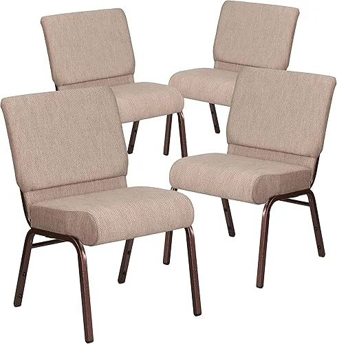 EMMA + OLIVER 4 Pack 21′ W Stacking Church Chair in Beige Fabric – Copper Vein Frame