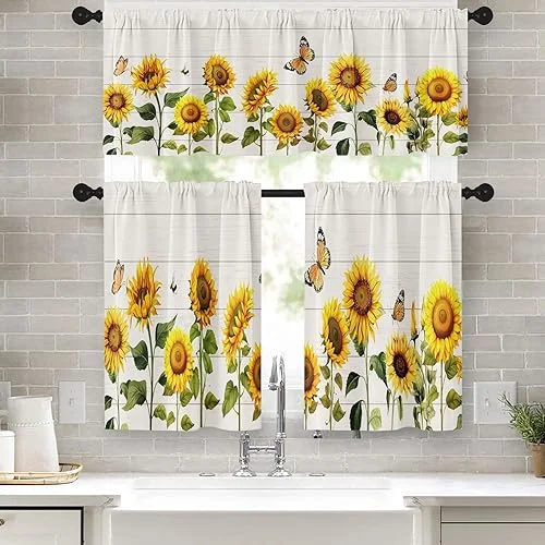 Emvency Sunflower Kitchen Window Curtains Valance and Tier Set 36 Inch, Spring Butterfly Summer 3 Piece Set Short Curtains for Window Treatment Tiers for Living Room Bedroom