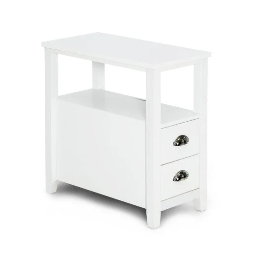 End Table Wooden with 2 Drawers and Shelf Bedside Table-White