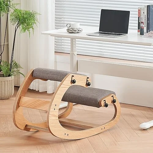 Ergonomic Kneeling Chair,Adjustable Rocking Knee Chair for Home Office,Wooden Office Chair for Back Pain Relief,Grey