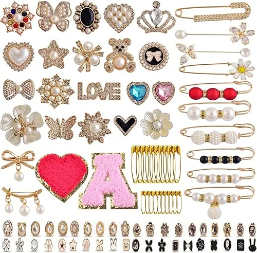eswala Charms for Socks Safety Pin Brooch,100pcs Junk Sock Charms Pins Gold Bling Sock Jewelry Charm,Brooch Pins for Socks,Pearl Rhinestone Shoe Sock Charms Kit Bulk for Hat Clothes