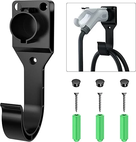 EV Charger Holder for SAE J1772 Charger, Wall-Mount Electric Vehicle Charger Holster with Hook for J1772 Connector, 3 pcs Screws, 3 pcs Wall Anchors, 3 pcs Dust Caps