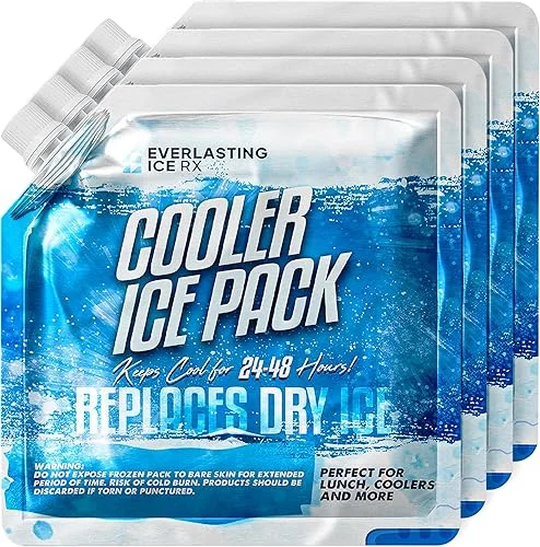 Everlasting Ice RX Reusable Ice Packs for Cooler (4 Pack) Up to 48 Hours Freezer Packs for Coolers and Lunch Boxes | 10 x 10 in | Cooler Ice Packs for Camping, Fishing, Beach, Road Trips