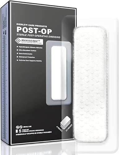 EVERLIT Post-OP Dressing | Sterile Waterproof Adhesive Dressing for Post-Operative Wound Care | Hypoallergenic Silicone Coated Bandage for Surgical Incision Pack of 5 (4′ x 10′)