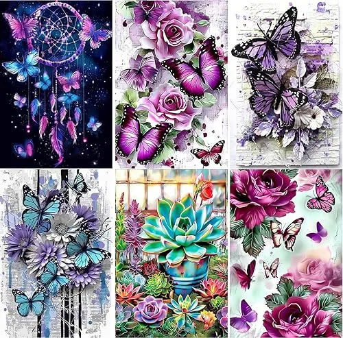 EWJRNSF 6 Pack 5D Diamond Painting Kits for Adults, Butterfly Diamond Arts Kits Diamond Art Sets,Gem Painting by Number Kits for Adults Beginners Home Wall Decor 11.8×15.7 Inches
