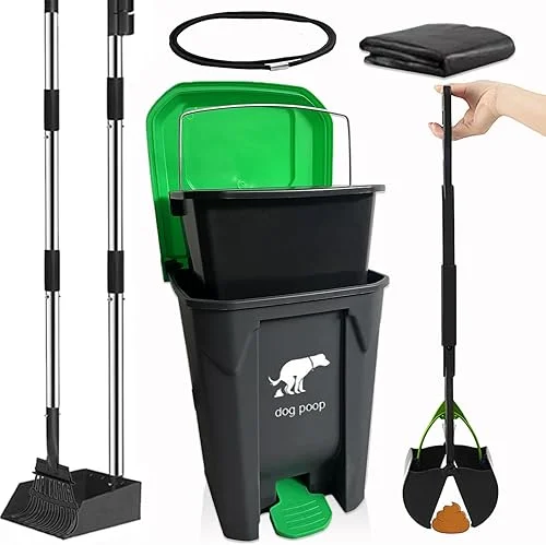 Extra Large Dog Pooper Scooper for yard – 20L Step Dog Poop Trash Can Outside – Pet Waste Container Outdoor with Removable Inner Bin – 28′ Pooper Scooper & Long Handle Metal Tray&Rake & 50 Waste Bag