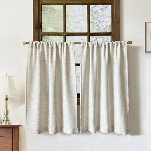 Faux Linen Kitchen Curtains 36 Inch Length Cafe Curtain Tiers for Living Room Bathroom Basement Windows Country Rustic Small Short Curtains, Set of 2, Natural