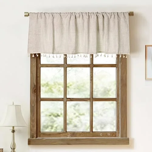 Faux Linen Tassel Kitchen Valances for Windows Modern Farmhouse Neutral Valance Curtains Topper Country Rustic Bathroom Small Window Treatment Boho Decor (54×15 inch, Natural)