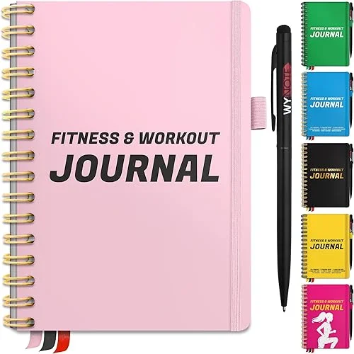 Fitness Journal Pink on 150+ Workouts + Yearly Calendar + 55 Tracking Values – A5 Workout Journal with Fat tracking – Planner to 12 items to track + 7 comparative periods + Goals