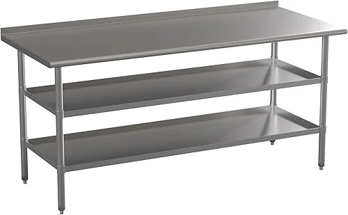 Flash Furniture Ravenel Stainless Steel 18 Gauge Work Table with 1.5′ Backsplash and 2 Undershelves – 72’W x 30’D x 34.5’H, NSF