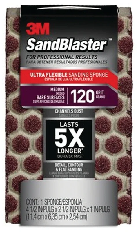 Flexible Sandblaster Sanding Sponge Medium Grit 120, 4.5 Inches By 2.5 Inches By 1 Inch