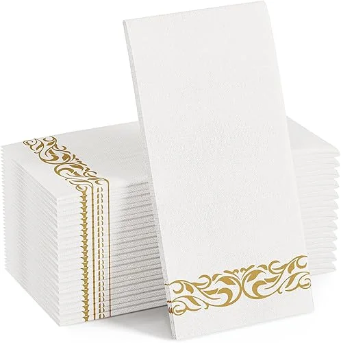FOCUSLINE 100 Linen Feel Bathroom Napkins, Soft and Absorbent Disposable Guest Towels, Cloth-Like Paper Hand Towels Decorative Napkins for Dinners, Parties, Weddings or Events, Gold, 12′ x 17′