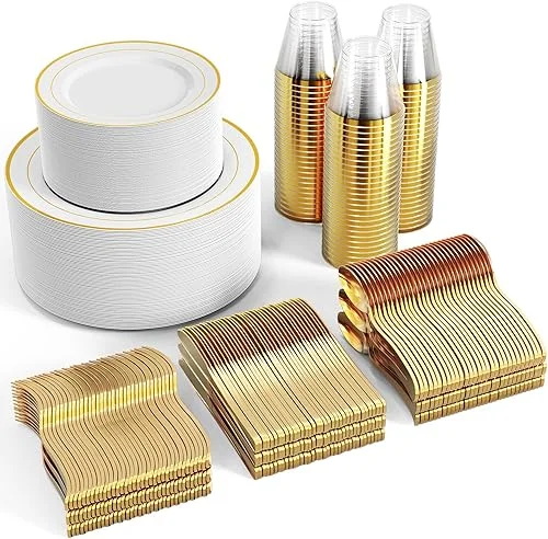 FOCUSLINE 600 Gold Dinnerware Set for 100 Guests, White and Gold Rim Plastic Plates Disposable, Including 100 Dinner Plates, 100 Salad Plates, 100 Cups, 100 Silverware Set for Wedding Party