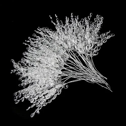 FOIMAS 50pcs Acrylic Bead Drop Stems Flower Bouquet Crystal Bud Branches Flower Twig Pick for Wedding Home Decoration Floral Decor Craft Supply