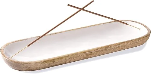 Folkulture Incense Holder or Incense Holder for Sticks, Modern Incense Burner or Insence-Stick Holder, Wooden Incense Tray Trough for Sticks, Mango Wood, 12 x 4 Inches, White