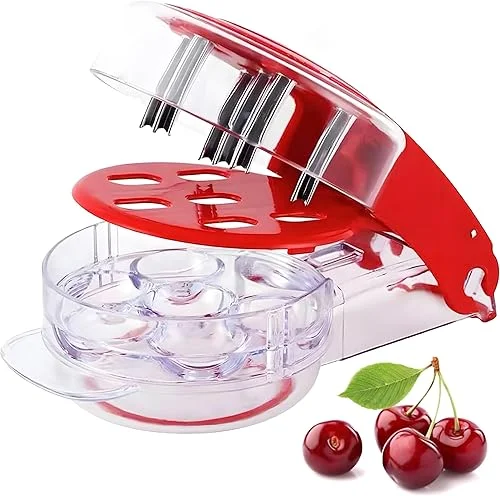 FONNYXK Cherry Pitter Tool – Push-Pull Cherry Seed Remover 6 at a Time – Portable Cherry Pitter Tool Pit Remover with Lock Design – Great Tool for Kitchen, Cake Shop, Fruit Salad (Red)
