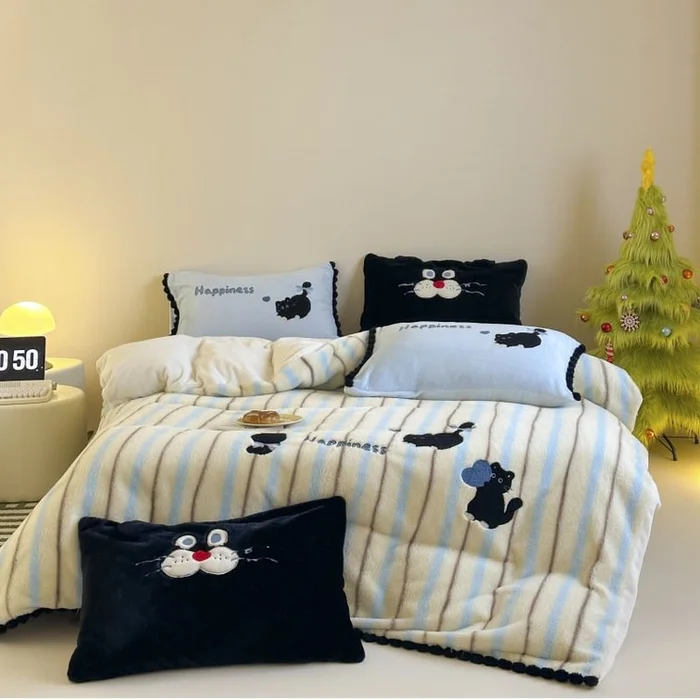 Furry Friends Cartoon Bedding Set Blue And Creamy Double Size