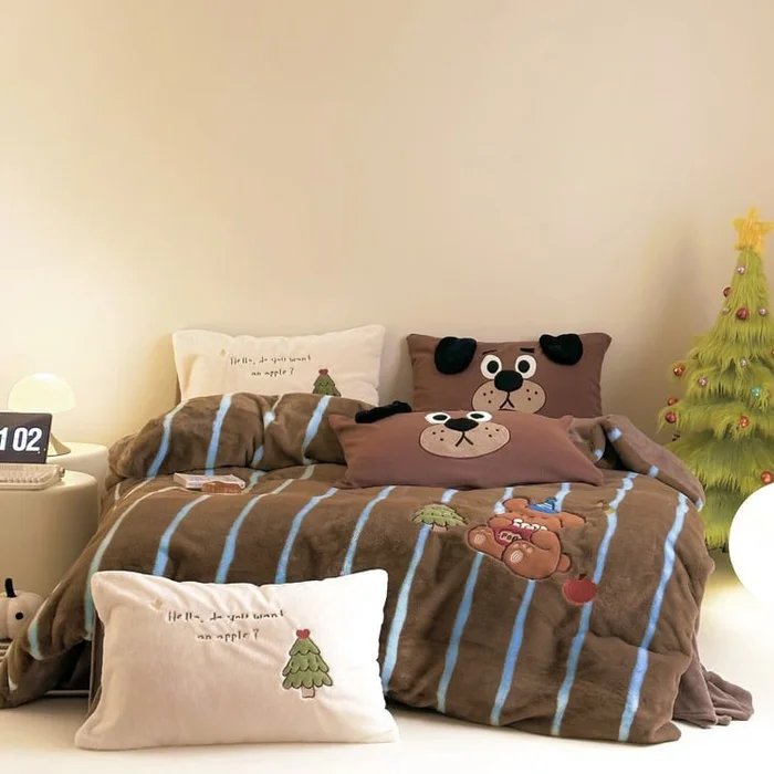 Furry Friends Cartoon Bedding Set Brown And Blue Double Size
