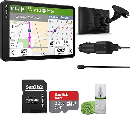 Garmin Dezl OTR720 GPS Truck Navigator 7′ Large Display Touchscreen, Commercial GPS Navigation for Semi Trucker Driver Bundle with 32GB SD Memory Card + LCD Cleaning Kit