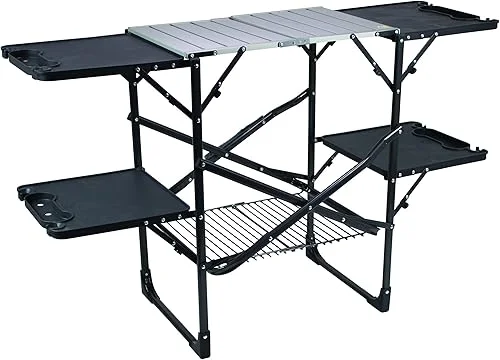 GCI OUTDOOR Slim-Fold Cook Station | Portable Folding Kitchen Table with a Heat Resistant Tabletop, 4 Side Tables & Storage Rack, Perfect for Picnics & Camping Trips