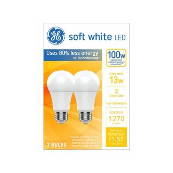 Ge 93131322 Led Light Bulb, A19 Lamp, 100 W Equivalent, Medium Lamp Base, Non-dimmable, Soft White/warm White