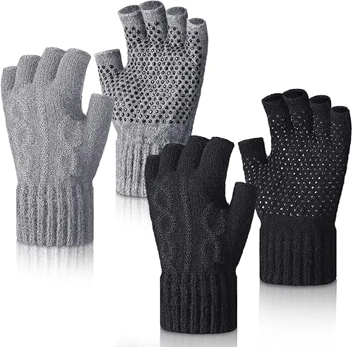 Geyoga 2 Pairs Wool Fingerless Fishing Gloves for Men Women Anti-Slip with Grip Dots Warm Winter Fly Ice Fishing Photography Hunting Fleece Gloves